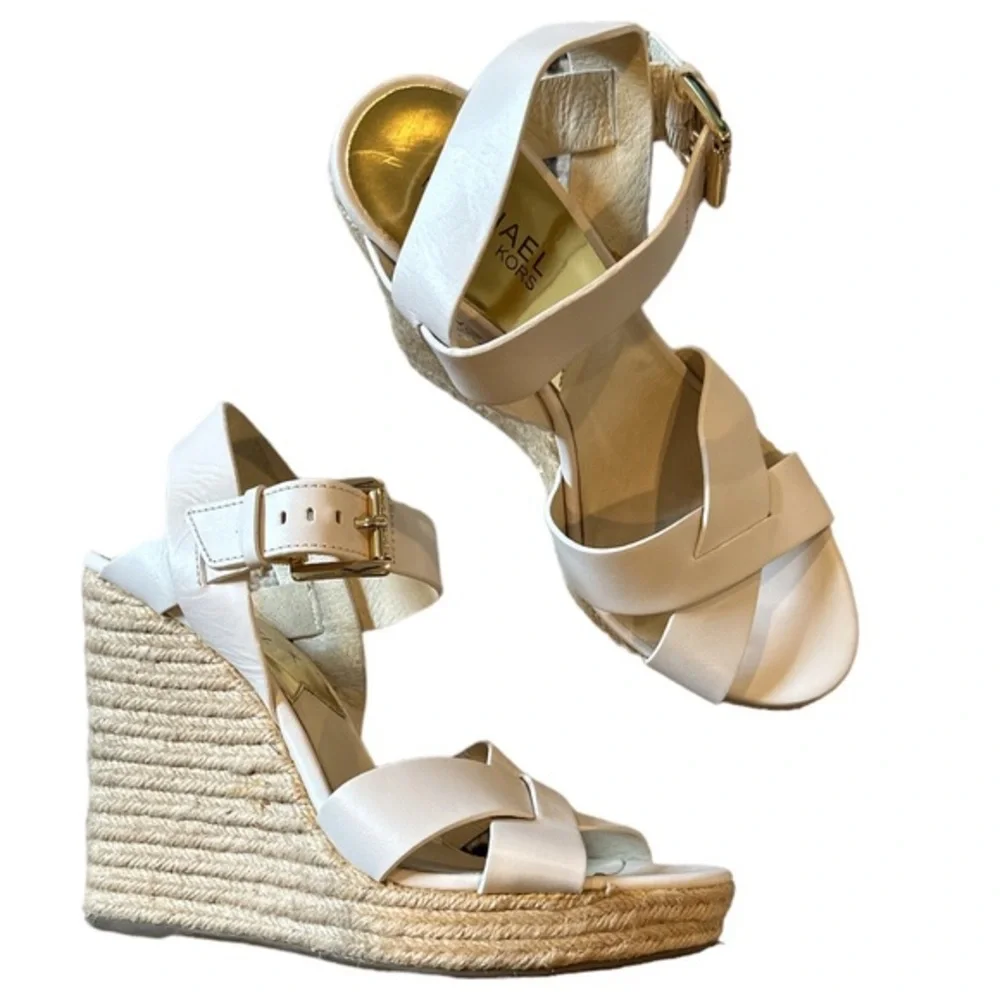MICHAEL Michael Kors White Leather Espadrille Wedge Sandals